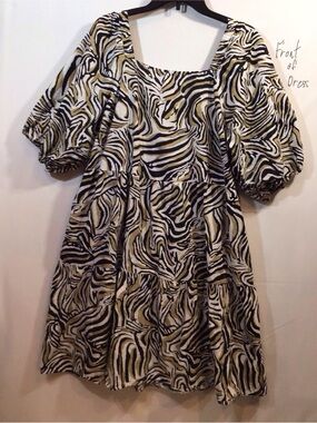 Mlle Gabrielle Zebra Print Puff Sleeve Dress - Black & Tan
